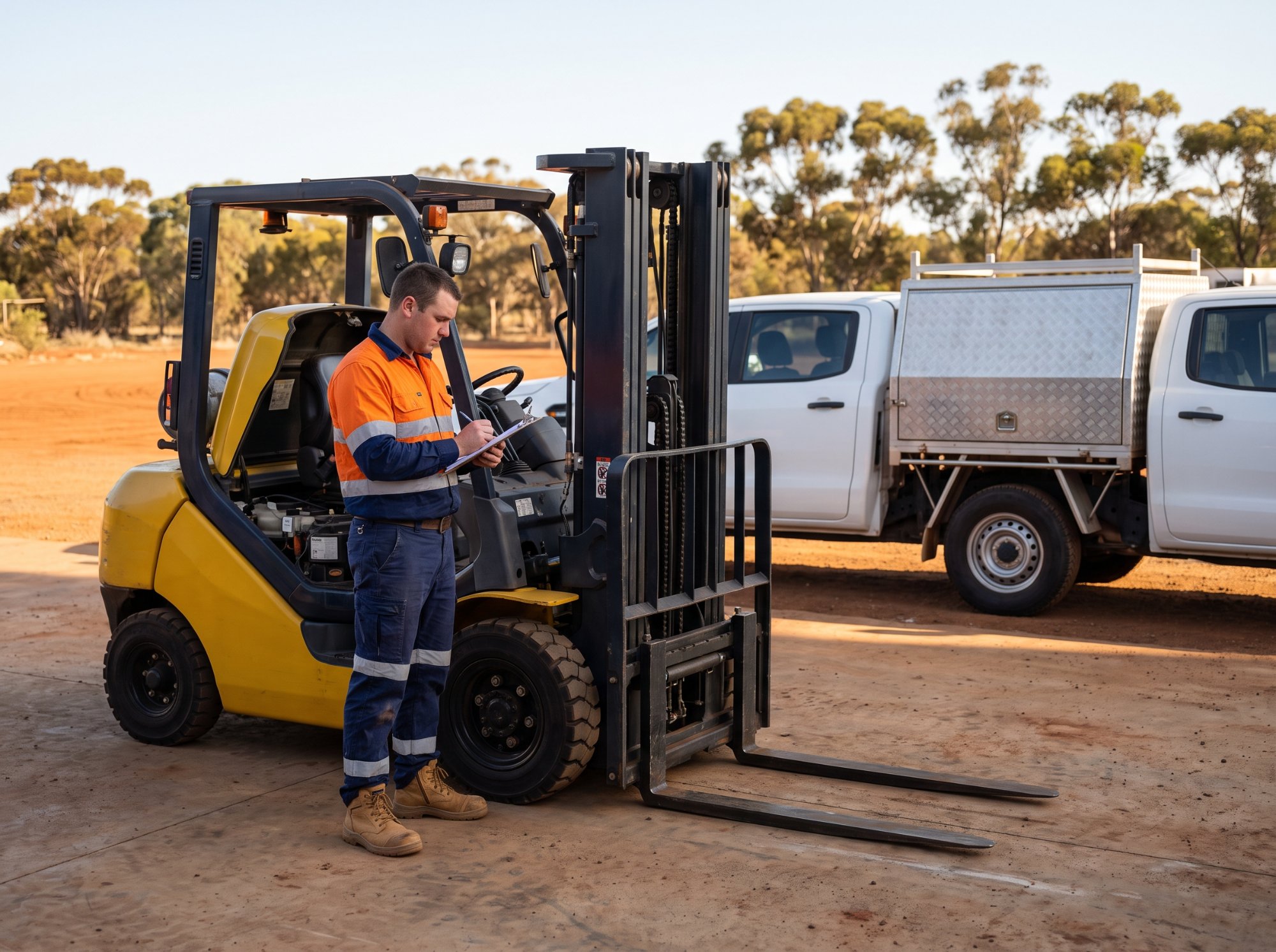 Mobile mechanic inspecting a forklift mast and hydraulic hoses inside a regional shed