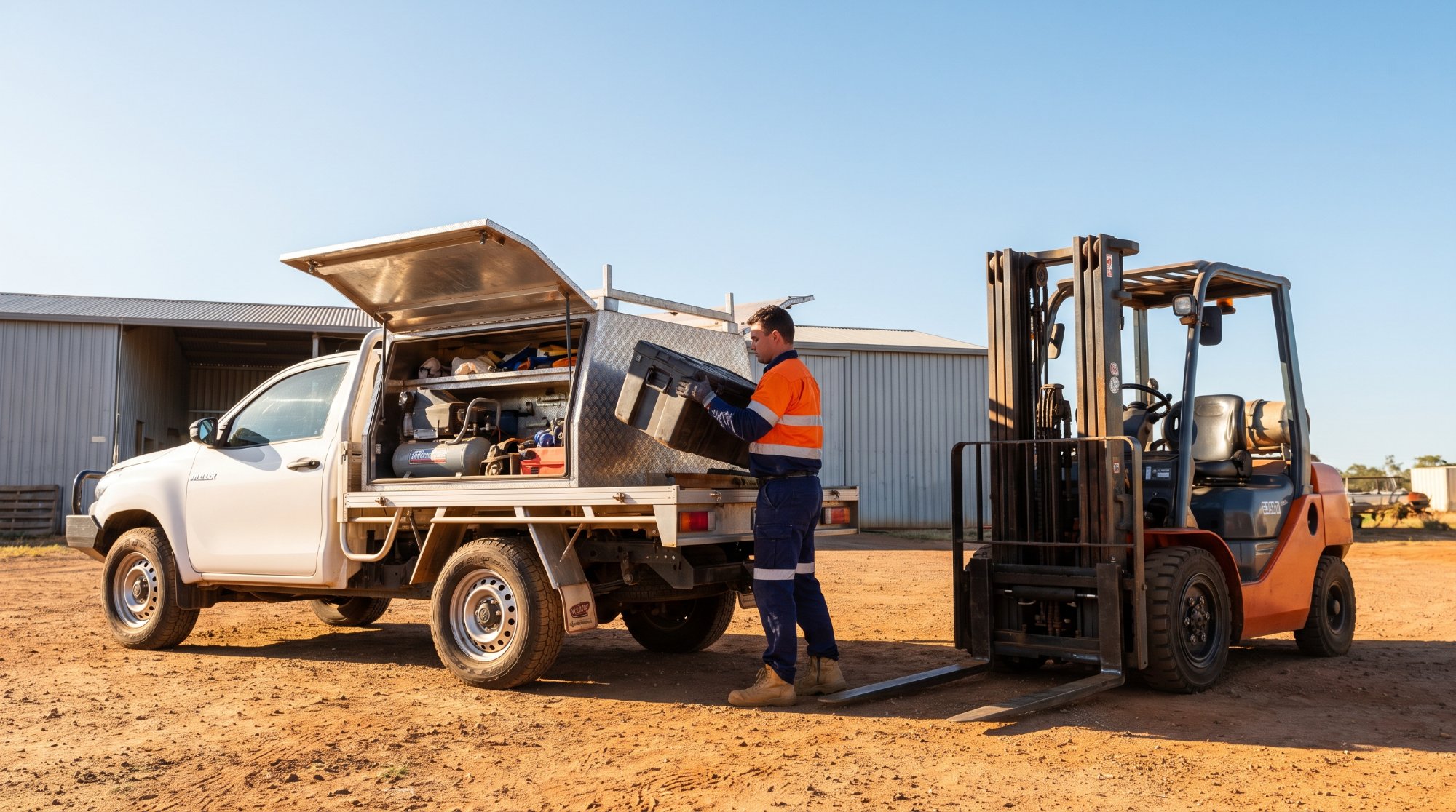 Technician lifting a tool case from a service ute canopy beside a forklift at a rural depot